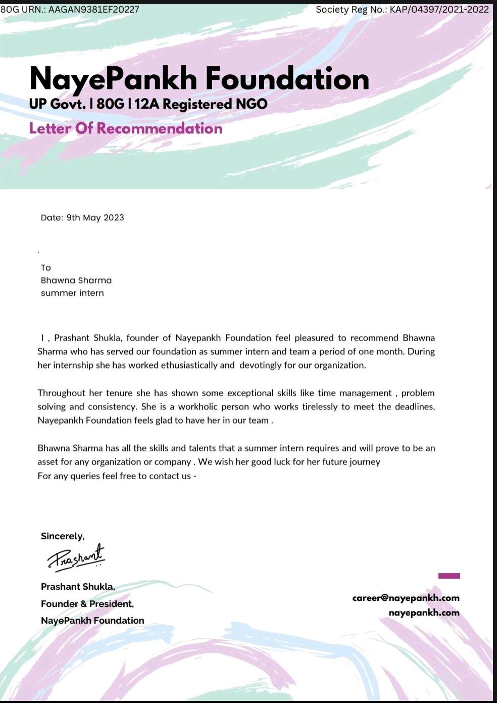 NayePankh Foundation Letter of Recommendation